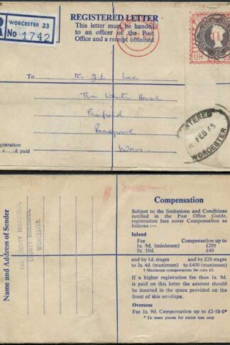 RP85 2/- Grey Registered Envelope Format R19 Size G plus 1 1/2d Machine franking