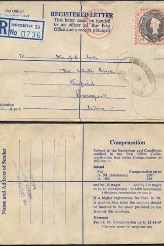 RP85 2/- Grey Registered Envelope Format R19 Size G plus 1 1/2d Machine franking