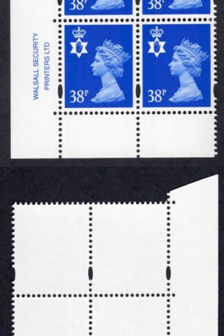 NI83 1999 N. Ireland 38p ultramarine in cyl W1 no dot block cat 42+ pounds