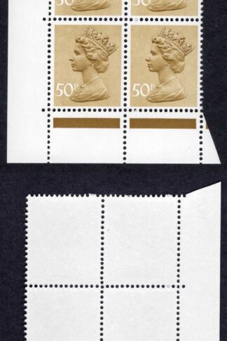 SGX993 1990 Harrison 50p ochre (ord paper) 21 dot 17 perf pin var row 17 Scarce