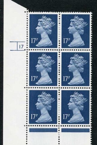 SGX910 Var 1990 17p deep blue cb Cyl 17 no dot ungummed on left margin 1st 3