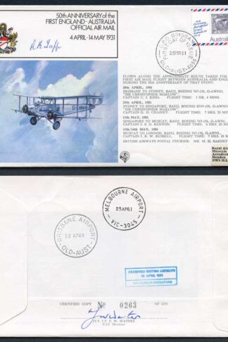 FF28c 50th Ann 1st England-Australia Official Airmail Signed by R.B. Tapp (B)