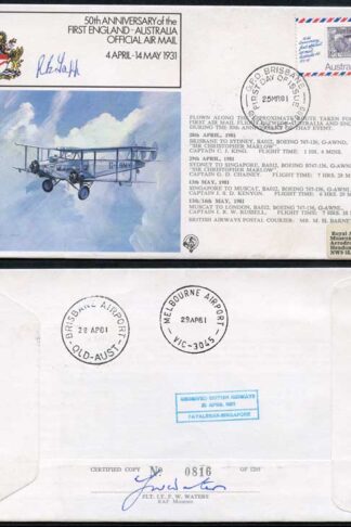 FF28c 50th Ann 1st England-Australia Official Airmail Signed by R.B. Tapp