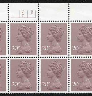 SWFP20A 20p Waddington PCP/PVA Cyl 15A 10B dot Block of 8