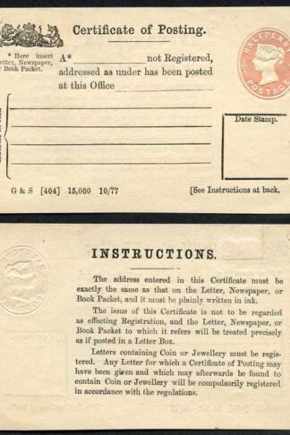 CPP1a QV 1/2d Pink Certificate of Posting Imprint on Front and 4 line for Addre