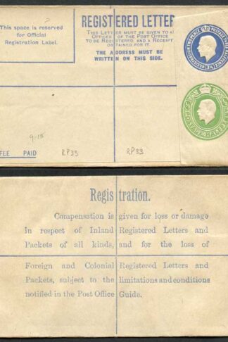 RP33 KGV 3 1/2d and 1/2d Compound Registered Envelope Size F Flap 7 BO under Fl