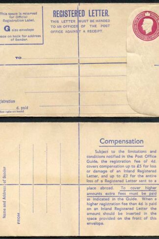RP68 KGVI 6 1/2d Puce Registered Envelope Size G 2 pound on back