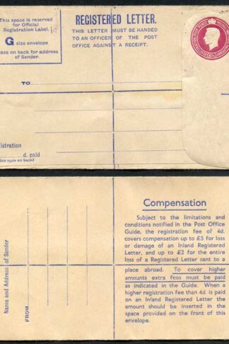 RP68 KGVI 6 1/2d Puce Registered Envelope Size G 2 pound on back
