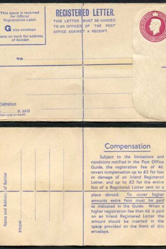 RP68 KGVI 6 1/2d Puce Registered Envelope Size G 2 pound on back