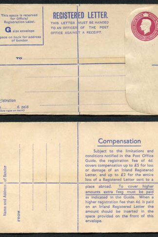 RP68 KGVI 6 1/2d Puce Registered Envelope Size G 2 pound on back