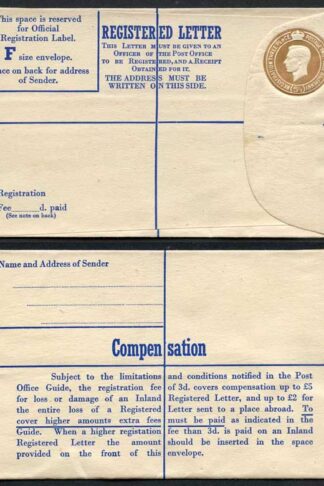 P61 KGVI 5 1/2d Brown Registered Envelope De La Rue Imprint Size F Mint