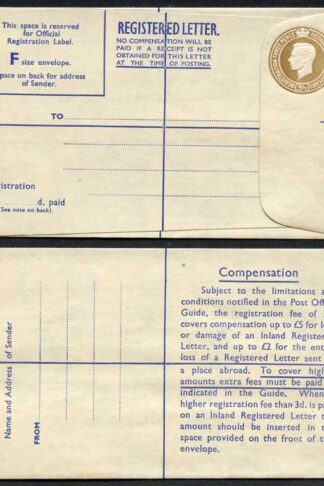 RP64 KGVI 5 1/2d Brown Registered Envelope PA and Co Imprint Blue Lining Size F