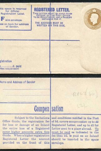RP62 KGVI 5 1/2d Registered Envelope Size F Blue Lining McCorquodale Imprint