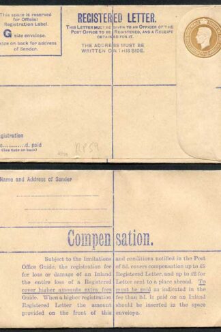 RP59 KGVI 5 1/2d Brown Registered Envelope McCorquodale Imprint Size G Mint