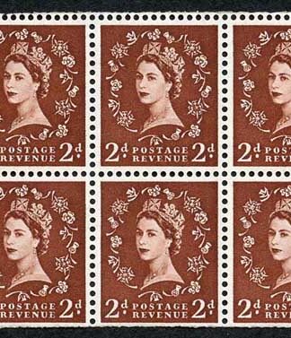 SB77 2d Red-Brown Wmk Edward Upright Cyl H1 Dot Booklet Pane of 6 U/M