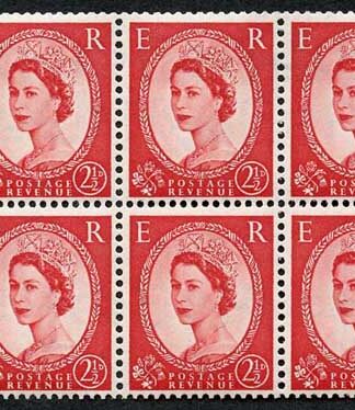 SB80 2 1/2d Wmk Tudor Upright Cyl J3 Dot Pane of 6 U/M