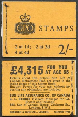 SGN23 1966 2/- Wilding Booklet January No Phosphor.