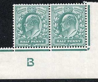 KEVII 1/2d Blue-Green Control B Perf V1 PAIR U/M DISPLACED CLICHE