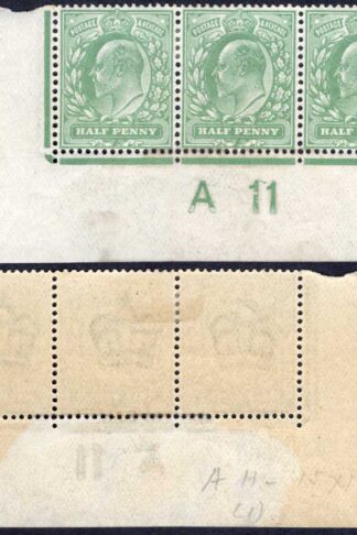 KEVII 1/2d Dull Green Harrison 14 x 15 Control A11 Perf V3 Strip 2 x U/M STAINED