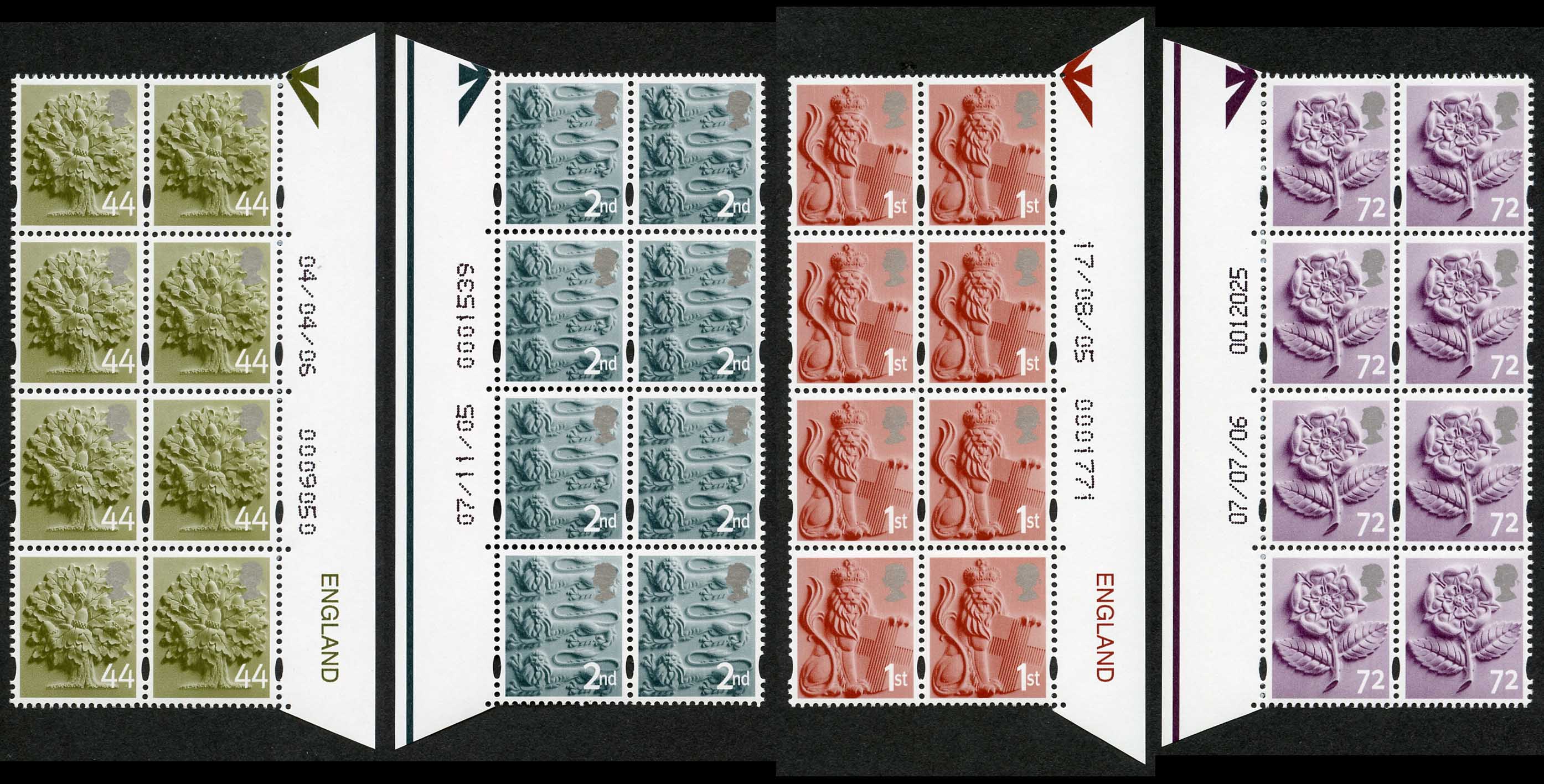 SGEN6b/7b/11b/17a England 2nd 1st 44p and 72p white border HEAD TYPE 1 Warrant Blocks
