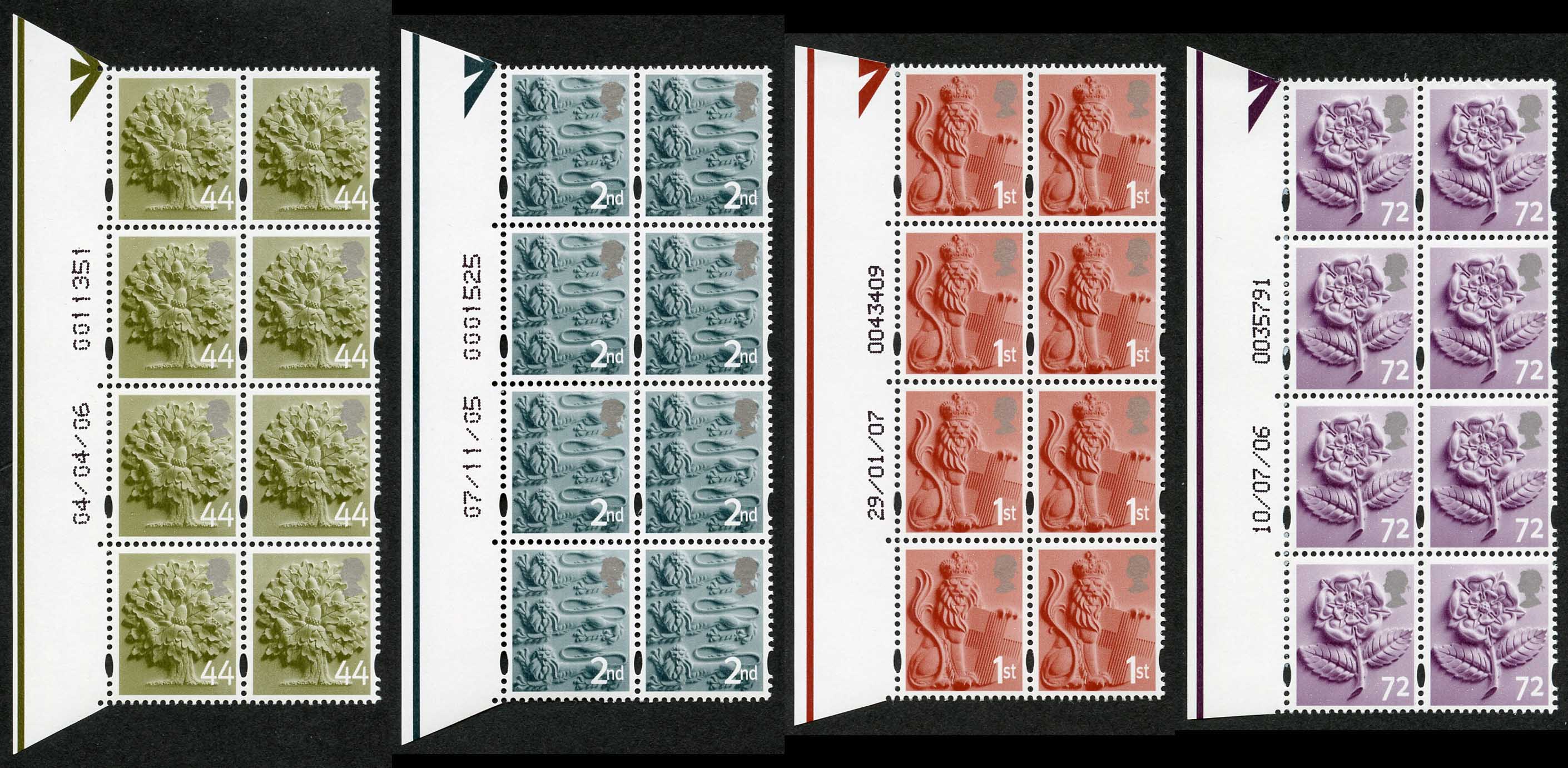 SGEN6b/7b/11b/17a England 2nd 1st 44p and 72p white border HEAD TYPE 1 Warrant Blocks