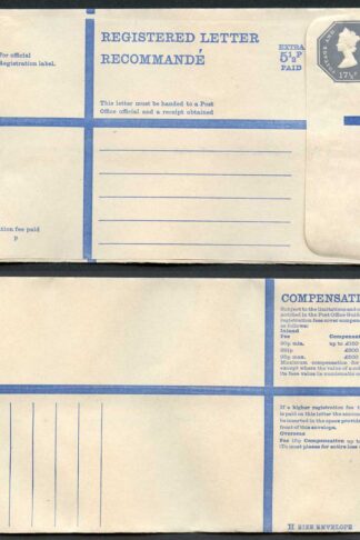 RP96 QEII 17 1/2p Grey + 5 1/2p Extra Registered Envelope Size H Mint