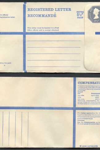 RP96 QEII 17 1/2p Grey + 5 1/2p Extra Registered Envelope Size H Mint
