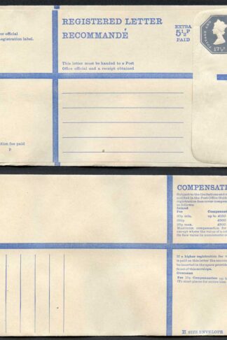 RP96 QEII 17 1/2p Grey + 5 1/2p Extra Registered Envelope Size H Mint