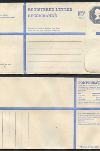 RP96 QEII 17 1/2p Grey + 5 1/2p Extra Registered Envelope Size H Mint