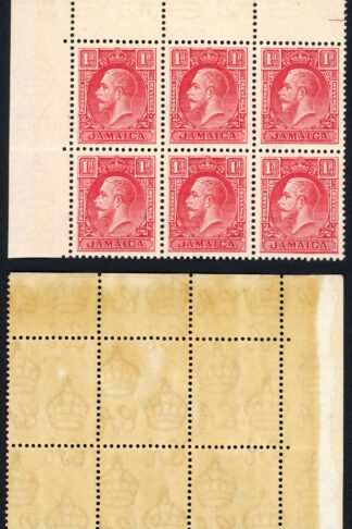 Jamaica SG108 1929 KGV 1d Scarlet (Die II) Wmk Mult Script CA Block of 6