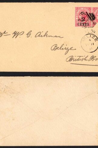 British Honduras SG27c Aikman envelope with 2c on 1d Pair one bisected