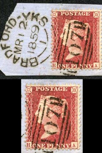 Penny Star (HA) on piece cancelled with a Bradford Sideways Duplex