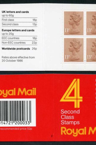 DB16(2)A 1988 52p Type 1A 4x13p Chestnut CB Code F Plain Window Booklet