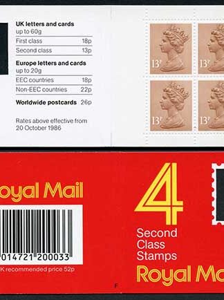 DB16(2)A 1988 52p Type 1A 4x13p Chestnut CB Code F Plain Window Booklet