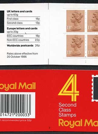 DB16(2)A 1988 52p Type 1A 4x13p Chestnut CB Code F Plain Window Booklet