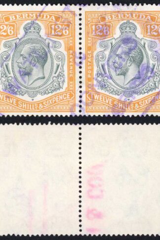 Bermuda SG94c KGV 12/6 Grey and Orange PAIR Fiscal Cancel Nick in Top Right Scr