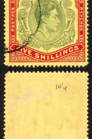 Bermuda SG118b KGVI 5/- Pale Green and Red/yellow Line Perf 14.25 (Ref 30)