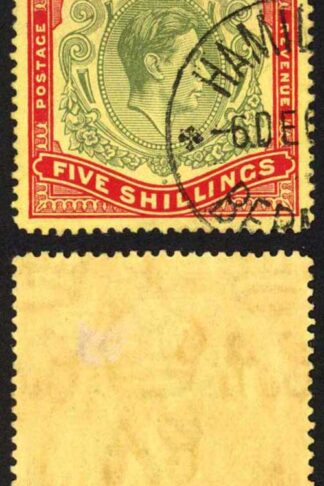 Bermuda SG118b KGVI 5/- Pale Green and Red/yellow Line Perf 14.25 (Ref 57)
