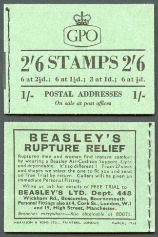 SGF15 2/6 GPO Wilding Booklet March 1954 (PPR 15mm)