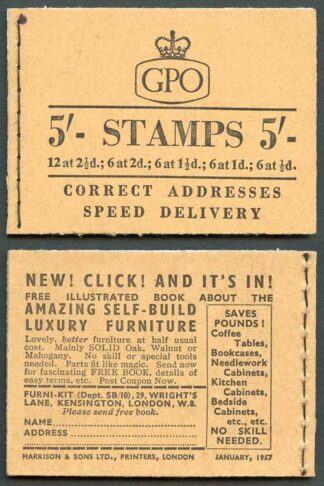H26 5/- Buff with 2d Light Red-brown GPO Wilding Booklet January 1957