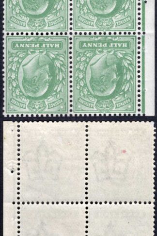 KEVII SG268wi 1/2d Dull Green Harrison Perf 14 Block of FOUR Wmk INVERTED (M/M)