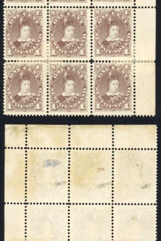 Newfoundland 1880 SG44a 1c Dull Brown Un-used (no gum) re-enforced Block of 9