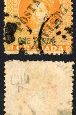 Grenada 1883 SG29a 1d orange Opt Postage Type 12 diagonally Unsevered Pair