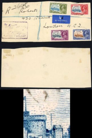 Gambia SG143a 1935 Silver Jubilee 1 1/2d with Extra Flagstaff on Cover