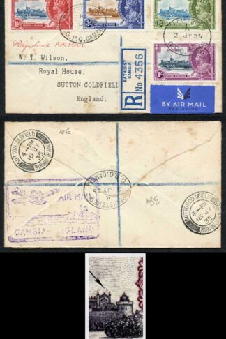 Gambia SG146c Silver Jubilee 1/- with Lightning Conductor on Registered Cover