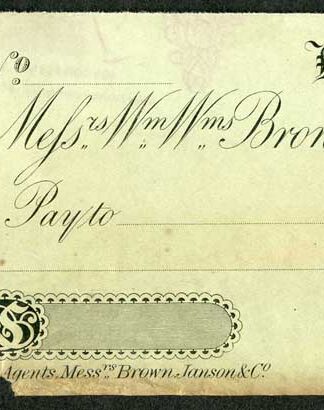 London Agents Brown Janson Cheque printed by Perkins Bacon and Co