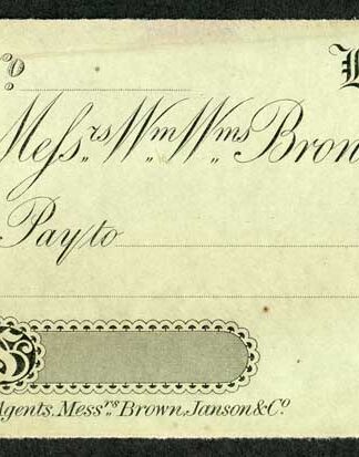 London Agents Brown Janson Cheque printed by Perkins Bacon and Co