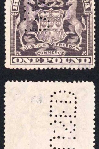 British South Africa SG90a One Pound Blackish Purple Perf 14 Perfin Used