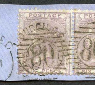 SG68 6d Lilac Wmk Emblems Pair Fine Used on Piece Cat 220 pounds