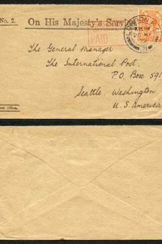1922 2d with London Official Paid Handstamp
